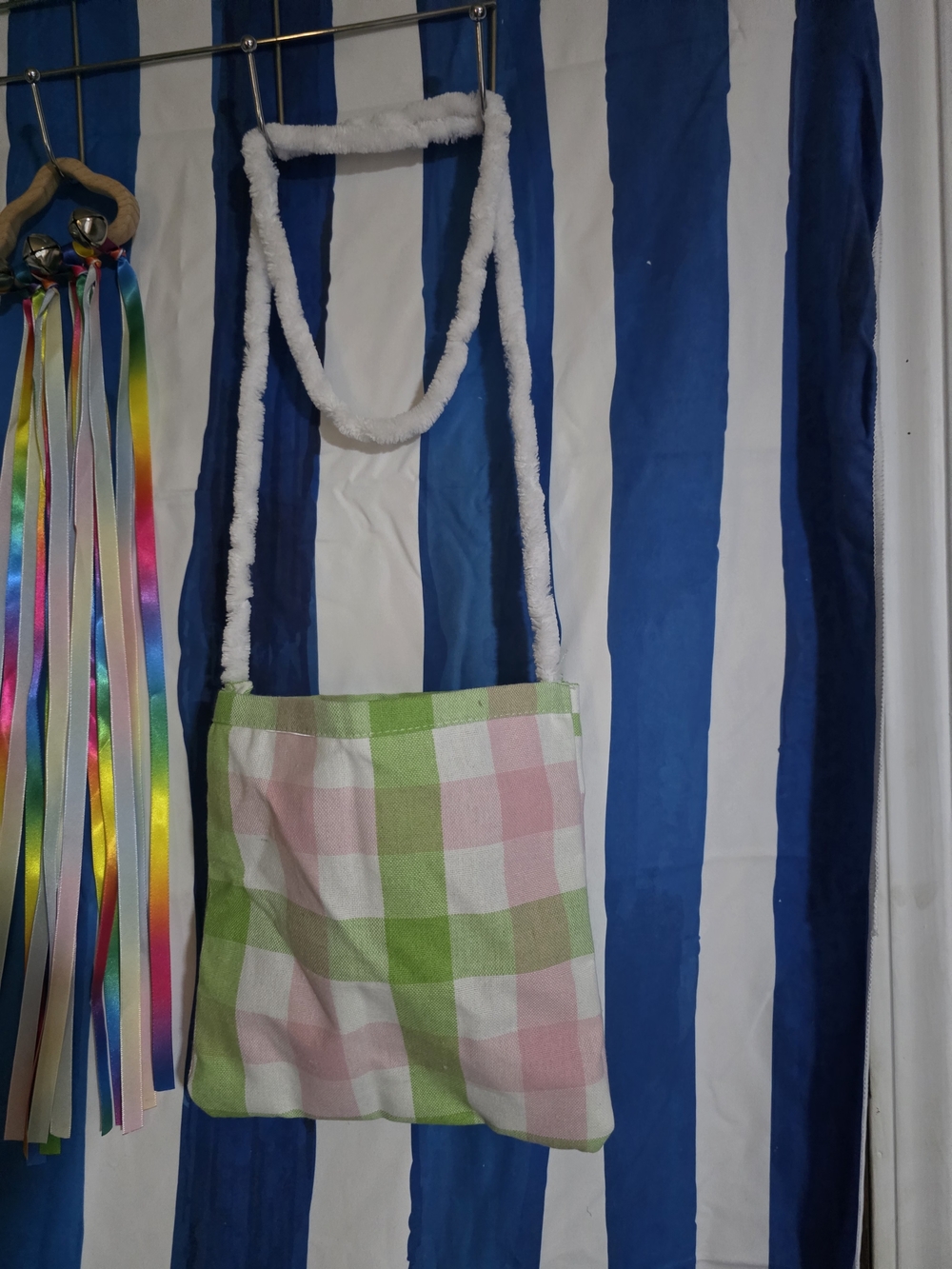 Handmade Checked Pink & Green Crossbody Tote Bag